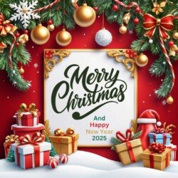 Best Merry Christmas and Happy New Year card wish picture HD free merry xmas images with golden frames and border with red ribbon and beautiful gift box and tree haniging lights and balls 3D elements