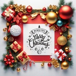 Best Merry Christmas and Happy New Year card wish picture HD free merry xmas images with golden frames and border with red ribbon and beautiful gift box and tree haniging lights and balls 3D elements