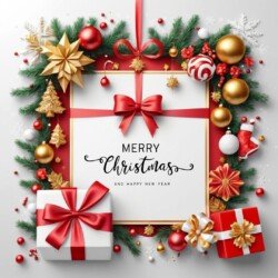 Best Merry Christmas and Happy New Year card wish picture HD free merry xmas images with golden frames and border with red ribbon and beautiful gift box and tree haniging lights and balls 3D elements
