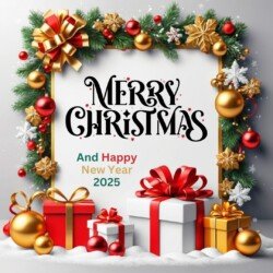 Best Merry Christmas and Happy New Year card wish picture HD free merry xmas images with golden frames and border with red ribbon and beautiful gift box and tree haniging lights and balls 3D elements