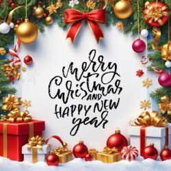 Best Merry Christmas and Happy New Year card wish picture HD free merry xmas images with golden frames and border with red ribbon and beautiful gift box and tree haniging lights and balls 3D elements