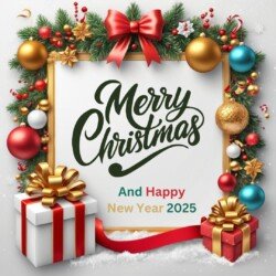 Best Merry Christmas and Happy New Year card wish picture HD free merry xmas images with golden frames and border with red ribbon and beautiful gift box and tree haniging lights and balls 3D elements