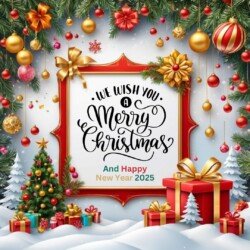 Best Merry Christmas and Happy New Year card wish picture HD free merry xmas images with golden frames and border with red ribbon and beautiful gift box and tree haniging lights and balls 3D elements we whis you.