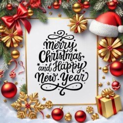 Best Merry Christmas and Happy New Year card wish picture HD free merry xmas images with golden frames and border with red ribbon and beautiful gift box and tree haniging lights and balls 3D elements we whis you.