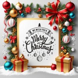 Best Merry Christmas and Happy New Year card wish picture HD free merry xmas images with golden frames and border with red ribbon and beautiful gift box and tree haniging lights and balls 3D elements we whis you.