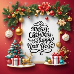 Best Merry Christmas and Happy New Year card wish picture HD free merry xmas images with golden frames and border with red ribbon and beautiful gift box and tree haniging lights and balls 3D elements we whis you.
