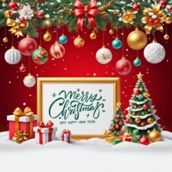 Best Merry Christmas and Happy New Year card wish picture HD free merry xmas images with golden frames and border with red ribbon and beautiful gift box and tree haniging lights and balls 3D elements we whis you.
