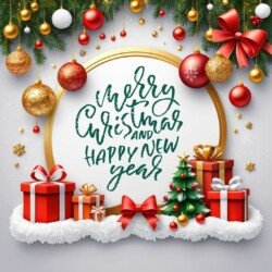 Best Merry Christmas and Happy New Year card wish picture HD free merry xmas images with golden frames and border with red ribbon and beautiful gift box and tree haniging lights and balls 3D elements we whis you.