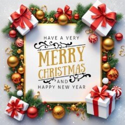 Best Merry Christmas and Happy New Year card wish picture HD free merry xmas images with golden frames and border with red ribbon and beautiful gift box and tree haniging lights and balls 3D elements we whis you.