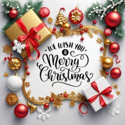 Best Merry Christmas and Happy New Year card wish picture HD free merry xmas images with golden frames and border with red ribbon and beautiful gift box and tree haniging lights and balls 3D elements we whis you.