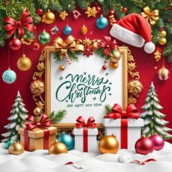 Best Merry Christmas and Happy New Year card wish picture HD free merry xmas images with golden frames and border with red ribbon and beautiful gift box and tree haniging lights and balls 3D elements