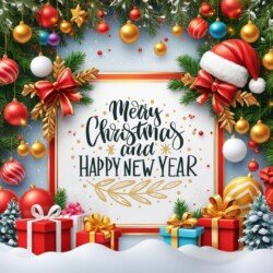 Best Merry Christmas and Happy New Year card wish picture HD free merry xmas images with golden frames and border with red ribbon and beautiful gift box and tree haniging lights and balls 3D elements