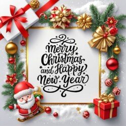 Best Merry Christmas and Happy New Year card wish picture HD free merry xmas images with golden frames and border with red ribbon and beautiful gift box and tree haniging lights and balls 3D elements