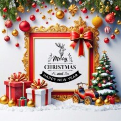 Best Merry Christmas and Happy New Year card wish picture HD free merry xmas images with golden frames and border with red ribbon and beautiful gift box and tree haniging lights and balls 3D elements