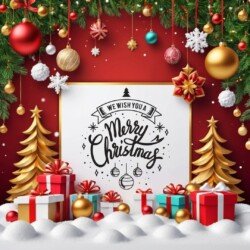 Best Merry Christmas and Happy New Year card wish picture HD free merry xmas images with golden frames and border with red ribbon and beautiful gift box and tree haniging lights and balls 3D elements