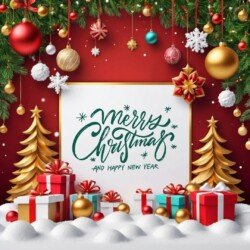 Best Merry Christmas and Happy New Year card wish picture HD free merry xmas images with golden frames and border with red ribbon and beautiful gift box and tree haniging lights and balls 3D elements