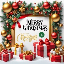 Best Merry Christmas and Happy New Year card wish picture HD free merry xmas images with golden frames and border with red ribbon and beautiful gift box and tree haniging lights and balls 3D elements