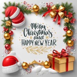 Best Merry Christmas and Happy New Year card wish picture HD free merry xmas images with golden frames and border with red ribbon and beautiful gift box and tree haniging lights and balls 3D elements