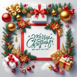 Best Merry Christmas and Happy New Year card wish picture HD free merry xmas images with golden frames and border with red ribbon and beautiful gift box and tree haniging lights and balls 3D elements