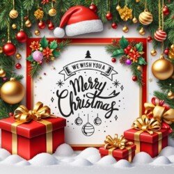 Best Merry Christmas and Happy New Year card wish picture HD free merry xmas images with golden frames and border with red ribbon and beautiful gift box and tree haniging lights and balls 3D elements