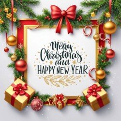 Best Merry Christmas and Happy New Year card wish picture HD free merry xmas images with golden frames and border with red ribbon and beautiful gift box and tree haniging lights and balls 3D elements