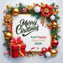 Best Merry Christmas and Happy New Year card wish picture HD free merry xmas images with golden frames and border with red ribbon and beautiful gift box and tree haniging lights and balls 3D elements