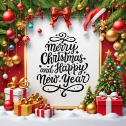 Best Merry Christmas and Happy New Year card wish picture HD free merry xmas images with golden frames and border with red ribbon and beautiful gift box and tree haniging lights and balls 3D elements