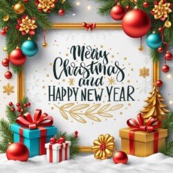 Best Merry Christmas and Happy New Year card wish picture HD free merry xmas images with golden frames and border with red ribbon and beautiful gift box and tree haniging lights and balls 3D elements