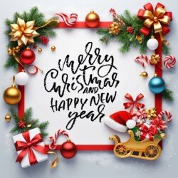 Best Merry Christmas and Happy New Year card wish picture HD free merry xmas images with golden frames and border with red ribbon and beautiful gift box and tree haniging lights and balls 3D elements