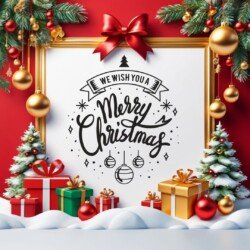 Best Merry Christmas and Happy New Year card wish picture HD free merry xmas images with golden frames and border with red ribbon and beautiful gift box and tree haniging lights and balls 3D elements