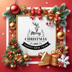 Best Merry Christmas and Happy New Year card wish picture HD free merry xmas images with golden frames and border with red ribbon and beautiful gift box and tree haniging lights and balls 3D elements