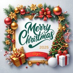 Best Merry Christmas and Happy New Year card wish picture HD free merry xmas images with golden frames and border with red ribbon and beautiful gift box and tree haniging lights and balls 3D elements