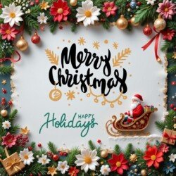 Best Merry Christmas and Happy New Year card wish picture HD free merry xmas images with golden frames and border with red ribbon and beautiful gift box and tree haniging lights and balls 3D elements