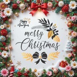 Best Merry Christmas and Happy New Year card wish picture HD free merry xmas images with golden frames and border with red ribbon and beautiful gift box and tree haniging lights and balls 3D elements