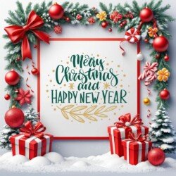 Best Merry Christmas and Happy New Year card wish picture HD free merry xmas images with golden frames and border with red ribbon and beautiful gift box and tree haniging lights and balls 3D elements
