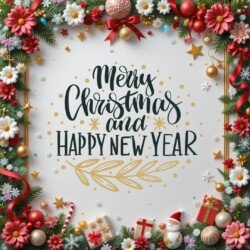 Best Merry Christmas and Happy New Year card wish picture HD free merry xmas images with golden frames and border with red ribbon and beautiful gift box and tree haniging lights and balls 3D elements