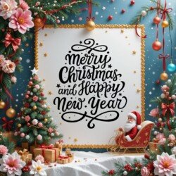 Best Merry Christmas and Happy New Year card wish picture HD free merry xmas images with golden frames and border with red ribbon and beautiful gift box and tree haniging lights and balls 3D elements