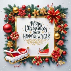 Best Merry Christmas and Happy New Year card wish picture HD free merry xmas images with golden frames and border with red ribbon and beautiful gift box and tree haniging lights and balls 3D elements