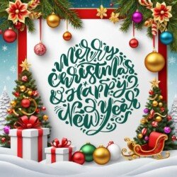 Best Merry Christmas and Happy New Year card wish picture HD free merry xmas images with golden frames and border with red ribbon and beautiful gift box and tree haniging lights and balls 3D elements