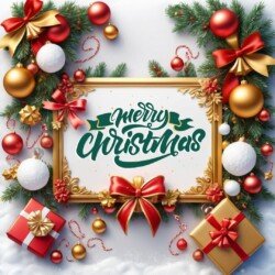 Best Merry Christmas and Happy New Year card wish picture HD free merry xmas images with golden frames and border with red ribbon and beautiful gift box and tree haniging lights and balls 3D elements