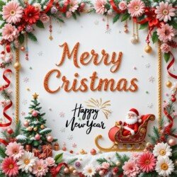 Best Merry Christmas and Happy New Year card wish picture HD free merry xmas images with golden frames and border with red ribbon and beautiful gift box and tree haniging lights and balls 3D elements