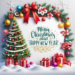 Best Merry Christmas and Happy New Year card wish picture HD free merry xmas images with golden frames and border with red ribbon and beautiful gift box and tree haniging lights and balls 3D elements