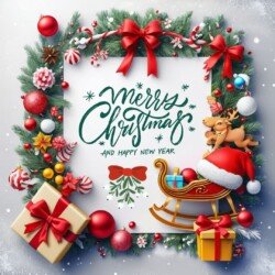 Best Merry Christmas and Happy New Year card wish picture HD free merry xmas images with golden frames and border with red ribbon and beautiful gift box and tree haniging lights and balls 3D elements