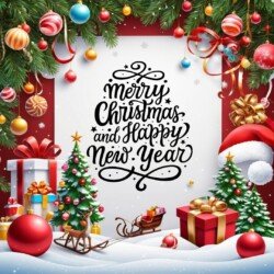 Best Merry Christmas and Happy New Year card wish picture HD free merry xmas images with golden frames and border with red ribbon and beautiful gift box and tree haniging lights and balls 3D elements