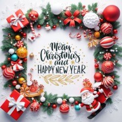 Best Merry Christmas and Happy New Year card wish picture HD free merry xmas images with golden frames and border with red ribbon and beautiful gift box and tree haniging lights and balls 3D elements