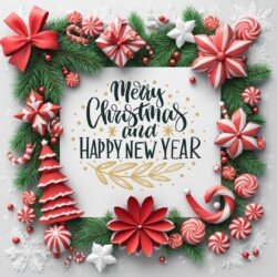 Best Merry Christmas and Happy New Year card wish picture HD free merry xmas images with golden frames and border with red ribbon and beautiful gift box and tree haniging lights and balls 3D elements