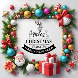 Best Merry Christmas and Happy New Year card wish picture HD free merry xmas images with golden frames and border with red ribbon and beautiful gift box and tree haniging lights and balls 3D elements
