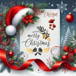 Best Merry Christmas and Happy New Year card wish picture HD free merry xmas images with golden frames and border with red ribbon and beautiful gift box and tree haniging lights and balls 3D elements
