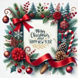 Best Merry Christmas and Happy New Year card wish picture HD free merry xmas images with golden frames and border with red ribbon and beautiful gift box and tree haniging lights and balls 3D elements