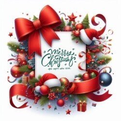 Best Merry Christmas and Happy New Year card wish picture HD free merry xmas images with golden frames and border with red ribbon and beautiful gift box and tree haniging lights and balls 3D elements